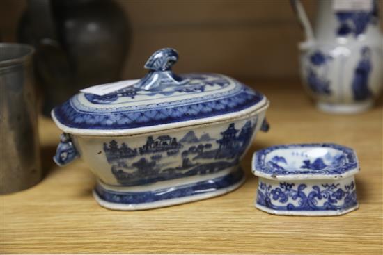 A Chinese blue and white lidded wine pot, with later silver mounts, a Chinese sauce tureen and cover and a trencher H.17cm